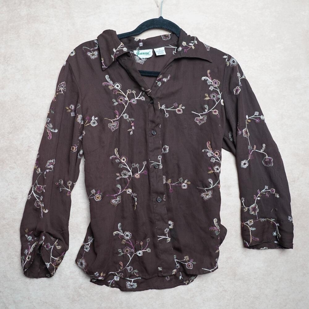 Joanna Embroidered Floral Button Blouse Medium 90s Y2K